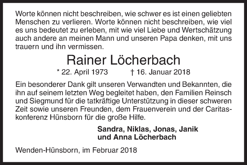  Traueranzeige für Rainer Löcherbach vom 24.02.2018 aus Siegener Zeitung