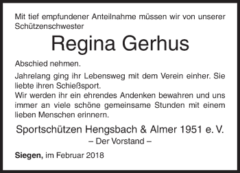 Traueranzeige von Regina Gerhus von Siegener Zeitung