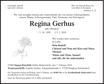 Traueranzeige von Regina Gerhus von Siegener Zeitung
