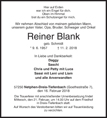Traueranzeige von Reiner Blank von Siegener Zeitung