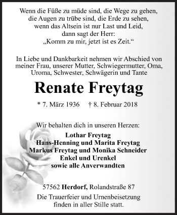 Traueranzeige von Renate Freytag von Siegener Zeitung