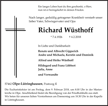 Traueranzeige von Richard Wüsthoff von Siegener Zeitung