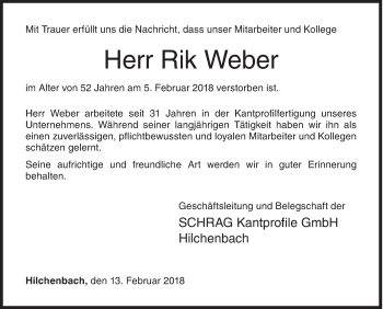 Traueranzeige von Rik Weber von Siegener Zeitung
