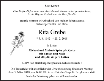 Traueranzeige von Rita Grebe von Siegener Zeitung