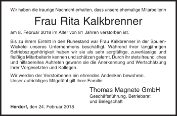 Traueranzeige von Rita Kalkbrenner von Siegener Zeitung