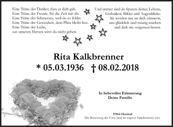 Traueranzeige von Rita Kalkbrenner von Siegener Zeitung