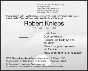 Traueranzeige von Robert Knieps von Siegener Zeitung