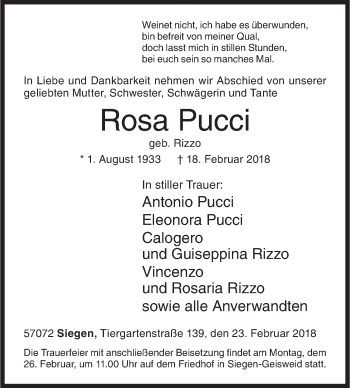 Traueranzeige von Rosa Pucci von Siegener Zeitung
