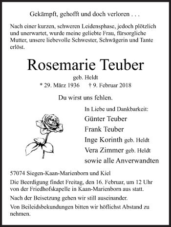 Traueranzeige von Rosemarie Teuber von Siegener Zeitung