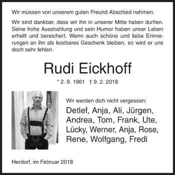 Traueranzeige von Rudi Eickhoff von Siegener Zeitung