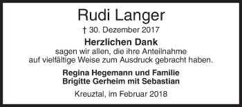 Traueranzeige von Rudi Langer von Siegener Zeitung