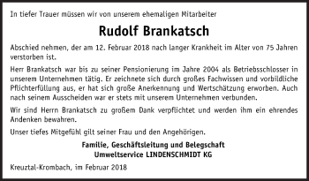 Traueranzeige von Rudolf Brankatsch von Siegener Zeitung