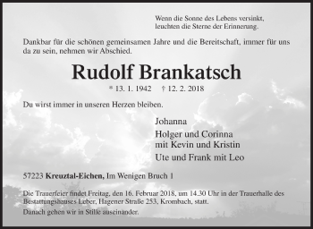 Traueranzeige von Rudolf Brankatsch von Siegener Zeitung