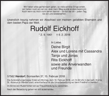 Traueranzeige von Rudolf Eickhoff von Siegener Zeitung
