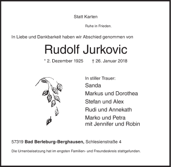 Traueranzeige von Rudolf Jurkovic von Siegener Zeitung