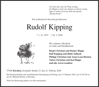 Traueranzeige von Rudolf Kipping von Siegener Zeitung