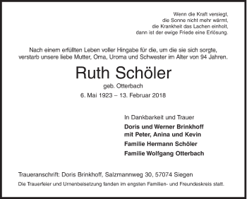 Traueranzeige von Ruth Schöler von Siegener Zeitung