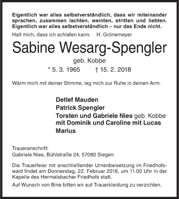 Traueranzeige von Sabine Wesarg-Spengler von Siegener Zeitung