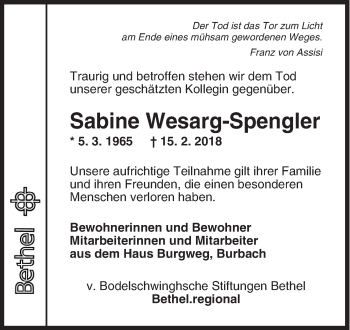 Traueranzeige von Sabine Wesarg-Spengler von Siegener Zeitung