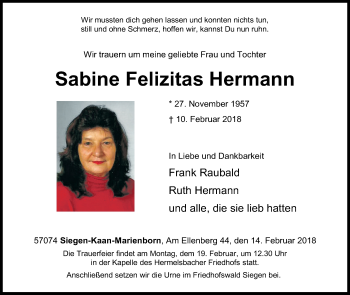 Traueranzeige von Sabine Felizitas Hermann von Siegener Zeitung