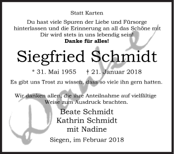 Traueranzeige von Siegfried Schmidt von Siegener Zeitung