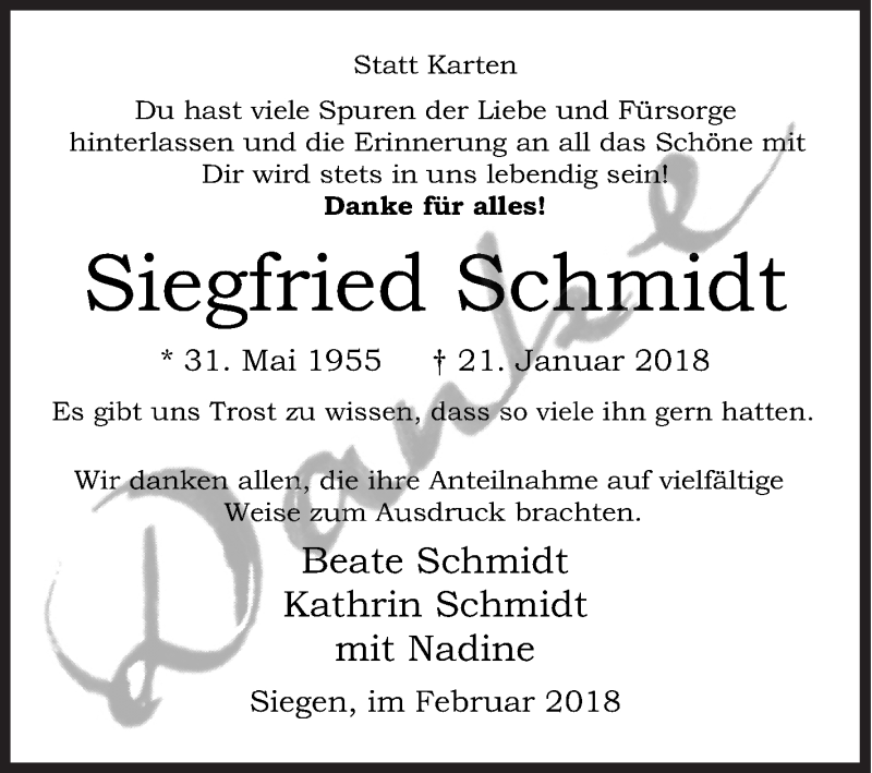  Traueranzeige für Siegfried Schmidt vom 24.02.2018 aus Siegener Zeitung