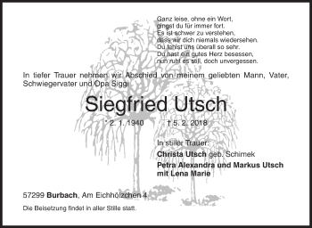 Traueranzeige von Siegfried Utsch von Siegener Zeitung