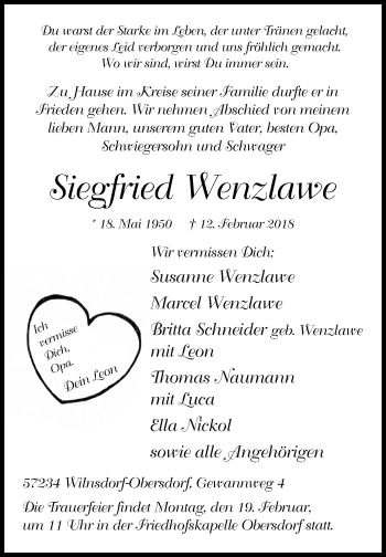 Traueranzeige von Siegfried Wenzlawe von Siegener Zeitung
