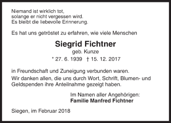 Traueranzeige von Siegrid Fichtner von Siegener Zeitung