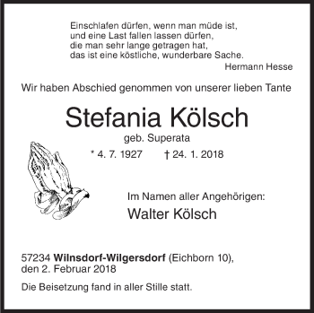Traueranzeige von Stefania Kölsch von Siegener Zeitung