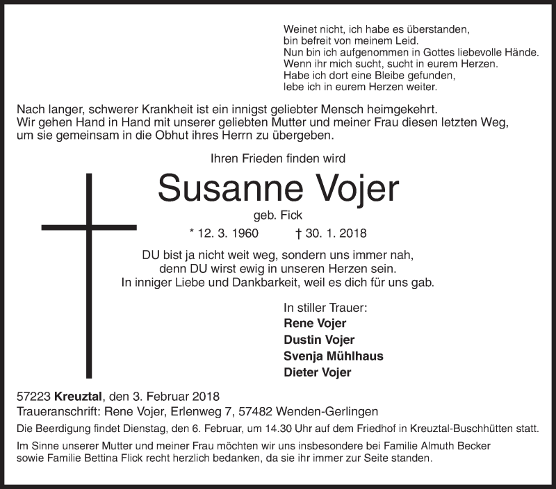  Traueranzeige für Susanne Vojer vom 03.02.2018 aus Siegener Zeitung