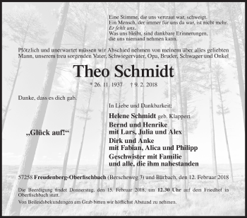 Traueranzeige von Theo Schmidt von Siegener Zeitung