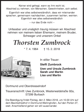 Traueranzeige von Thorsten Zumbrock von Siegener Zeitung