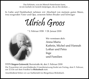 Traueranzeige von Ulrich Groos von Siegener Zeitung