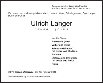 Traueranzeige von Ulrich Langer von Siegener Zeitung