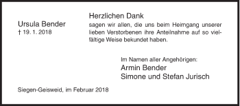 Traueranzeige von Ursula Bender von Siegener Zeitung