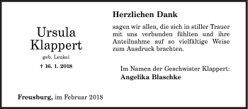 Traueranzeige von Ursula Klappert von Siegener Zeitung