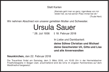 Traueranzeige von Ursula Sauer von Siegener Zeitung