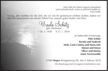 Traueranzeige von Ursula Schütz von Siegener Zeitung