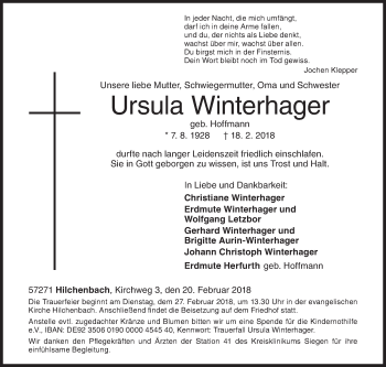 Traueranzeige von Ursula Winterhager von Siegener Zeitung