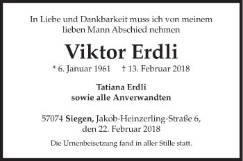 Traueranzeige von Viktor Erdli von Siegener Zeitung
