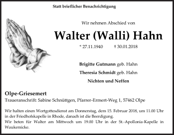 Traueranzeige von Walter Hahn von Siegener Zeitung