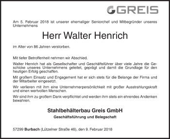 Traueranzeige von Walter Henrich von Siegener Zeitung