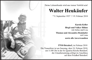 Traueranzeige von Walter Heukäufer von Siegener Zeitung