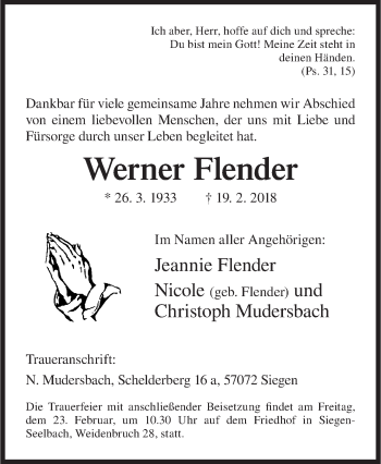Traueranzeige von Werner Flender von Siegener Zeitung