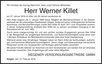 Traueranzeige von Werner Killet von Siegener Zeitung
