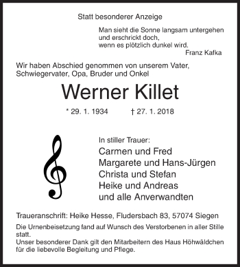 Traueranzeige von Werner Killet von Siegener Zeitung