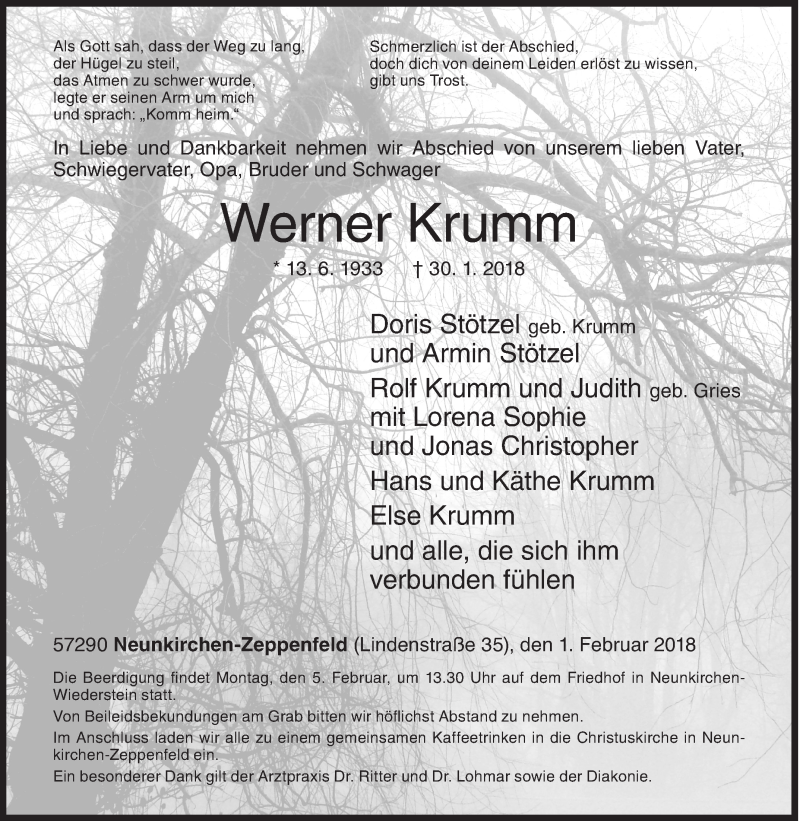  Traueranzeige für Werner Krumm vom 01.02.2018 aus Siegener Zeitung