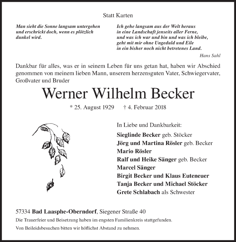  Traueranzeige für Werner Wilhelm Becker vom 09.02.2018 aus Siegener Zeitung