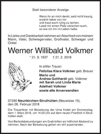 Traueranzeige von Werner Willibald Volkmer von Siegener Zeitung